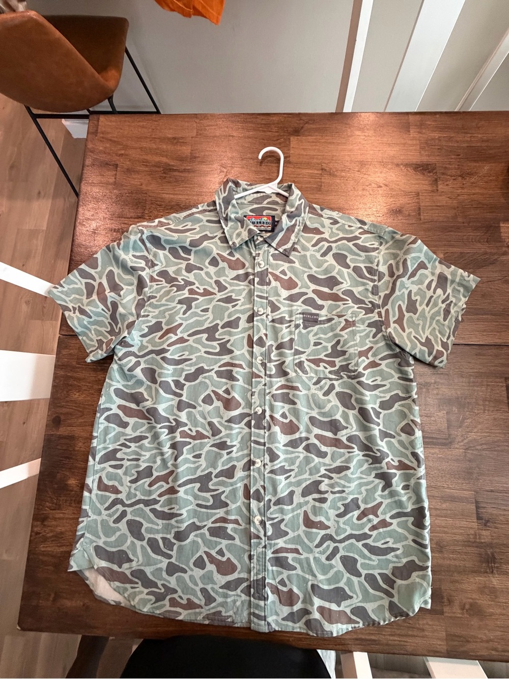 BURLEBO Short Sleeve Camo Button-Up Shirt in Sage Green & Browns